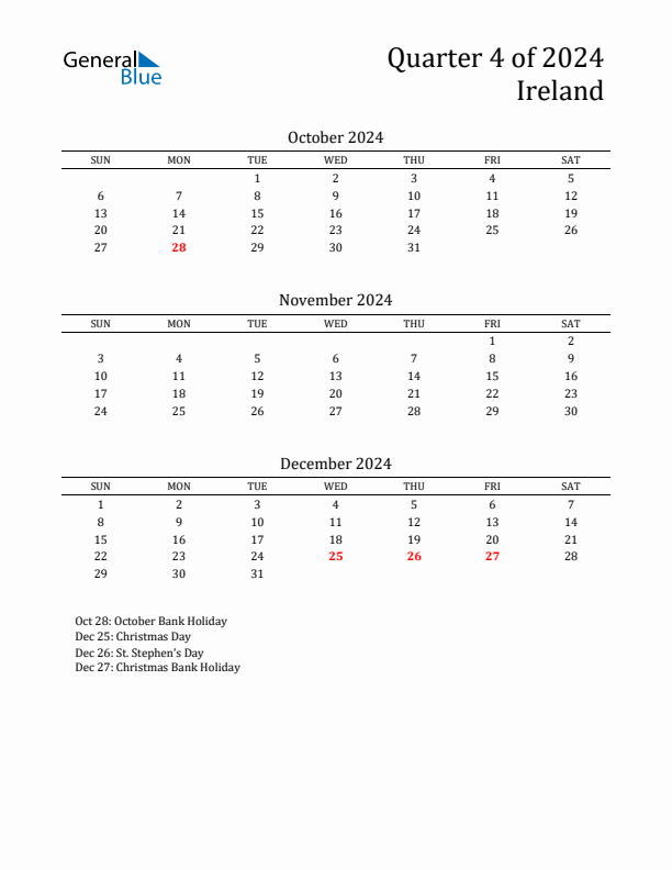 Quarter 4 2024 Ireland Quarterly Calendar