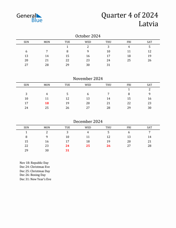 Quarter 4 2024 Latvia Quarterly Calendar