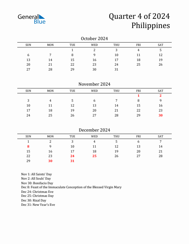 Quarter 4 2024 Philippines Quarterly Calendar