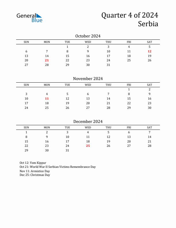 Quarter 4 2024 Serbia Quarterly Calendar