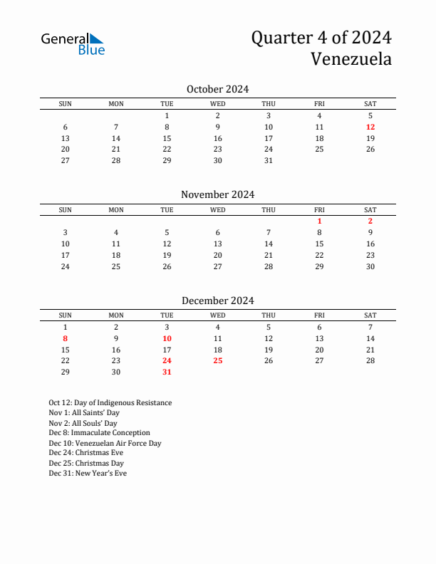 Quarter 4 2024 Venezuela Quarterly Calendar