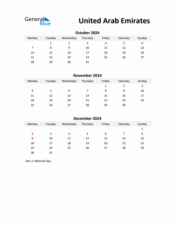 Printable Quarterly Calendar with Notes and United Arab Emirates Holidays- Q4 of 2024