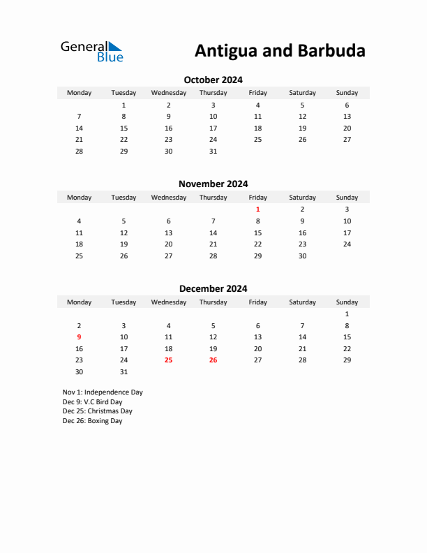 Printable Quarterly Calendar with Notes and Antigua and Barbuda Holidays- Q4 of 2024