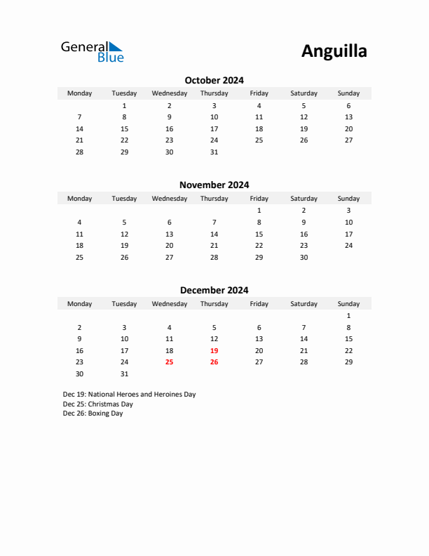 Printable Quarterly Calendar with Notes and Anguilla Holidays- Q4 of 2024