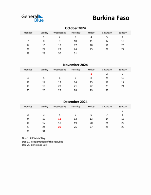 Printable Quarterly Calendar with Notes and Burkina Faso Holidays- Q4 of 2024