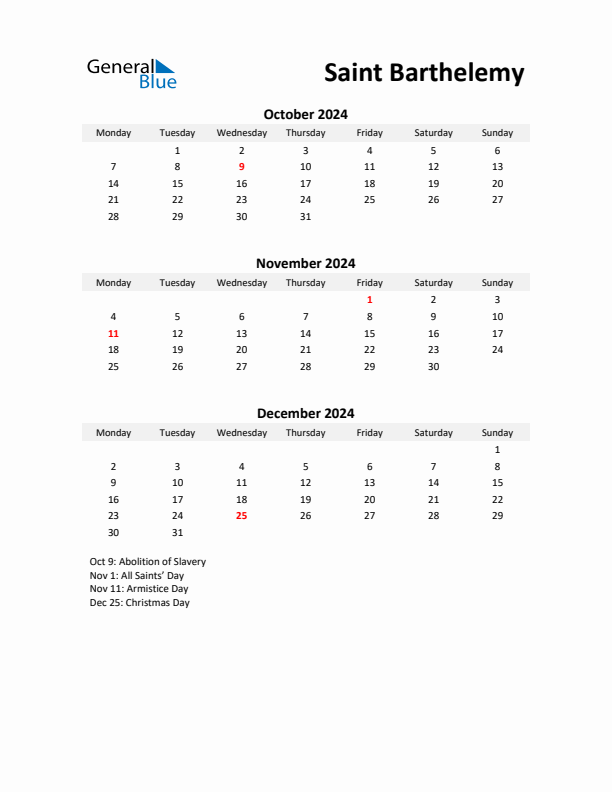 Printable Quarterly Calendar with Notes and Saint Barthelemy Holidays- Q4 of 2024