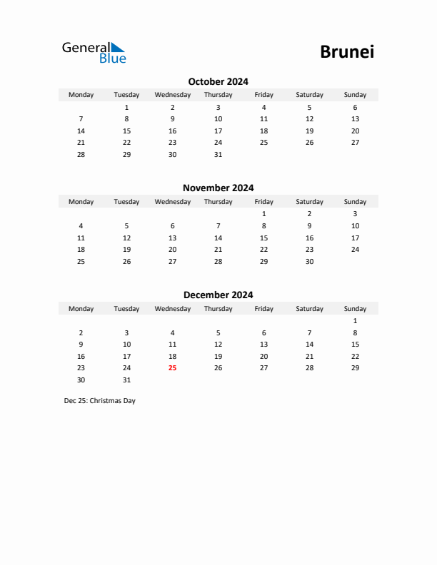 Printable Quarterly Calendar with Notes and Brunei Holidays- Q4 of 2024