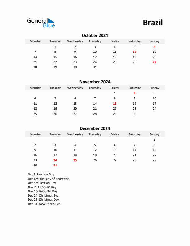 Printable Quarterly Calendar with Notes and Brazil Holidays- Q4 of 2024