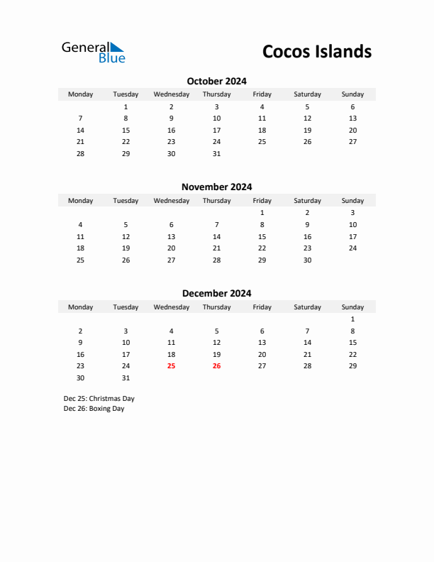 Printable Quarterly Calendar with Notes and Cocos Islands Holidays- Q4 of 2024