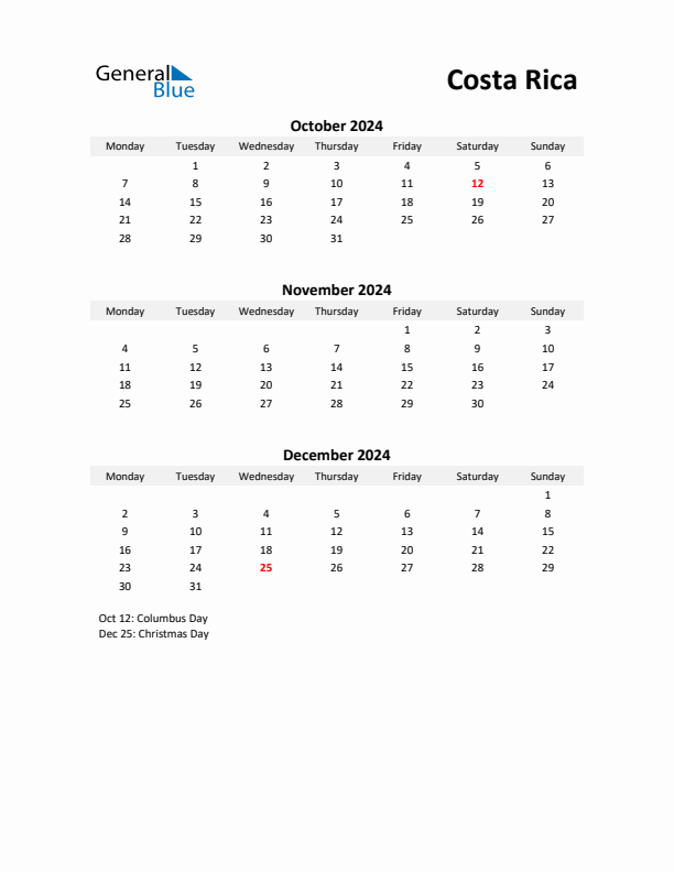 Printable Quarterly Calendar with Notes and Costa Rica Holidays- Q4 of 2024