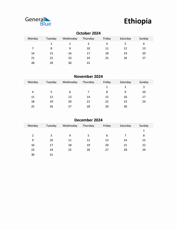 Printable Quarterly Calendar with Notes and Ethiopia Holidays- Q4 of 2024