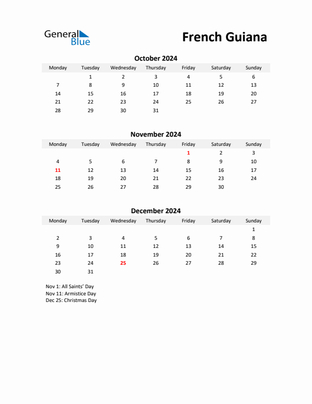 Printable Quarterly Calendar with Notes and French Guiana Holidays- Q4 of 2024