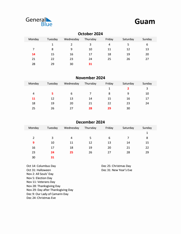 Printable Quarterly Calendar with Notes and Guam Holidays- Q4 of 2024