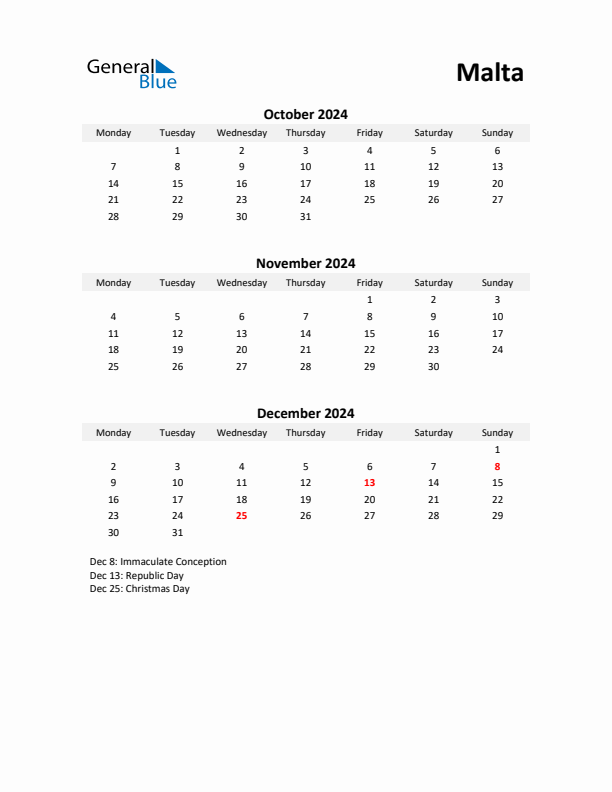 Printable Quarterly Calendar with Notes and Malta Holidays- Q4 of 2024