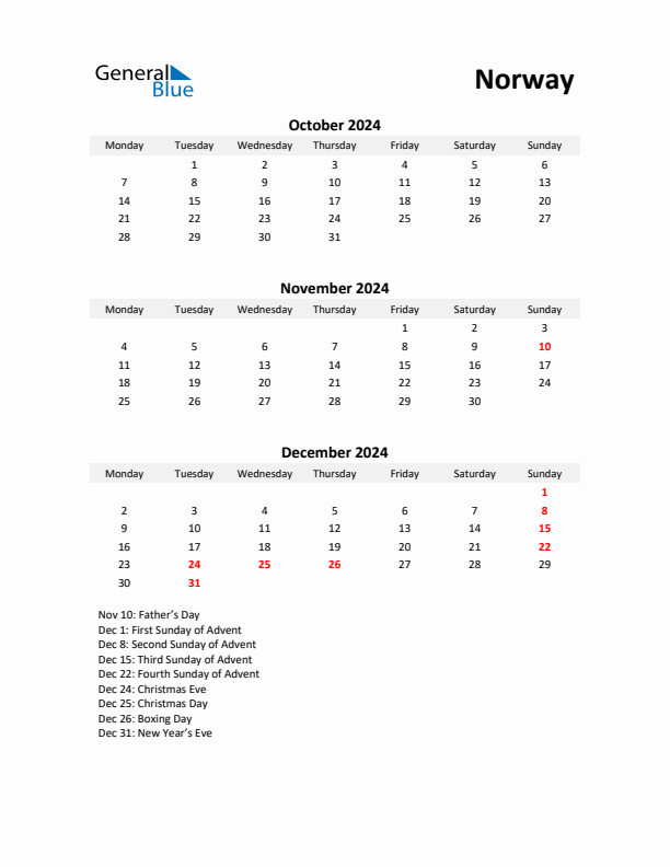 Printable Quarterly Calendar with Notes and Norway Holidays- Q4 of 2024