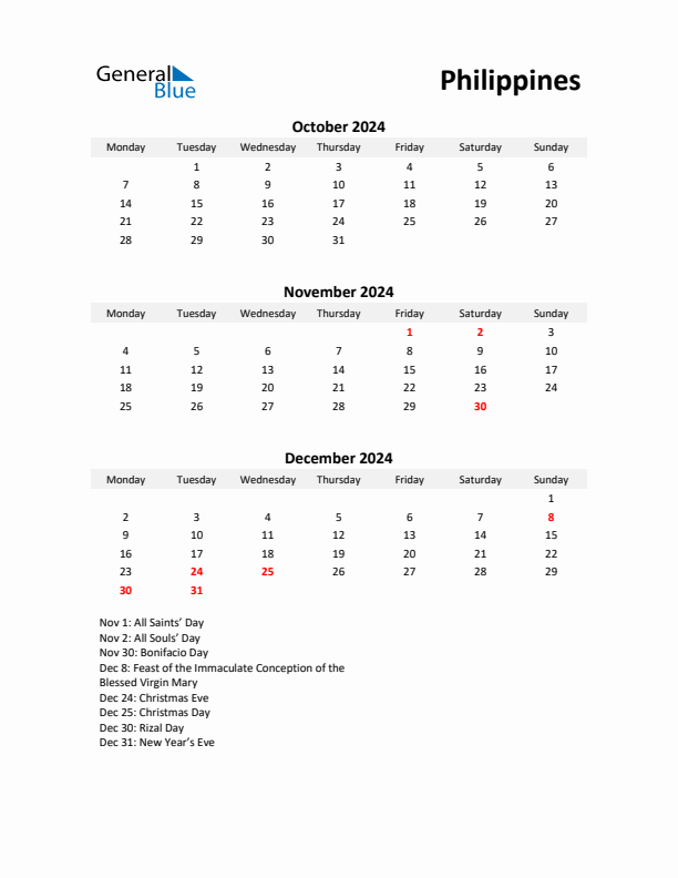 Printable Quarterly Calendar with Notes and Philippines Holidays- Q4 of 2024