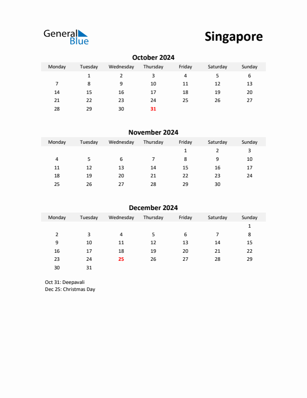 Printable Quarterly Calendar with Notes and Singapore Holidays- Q4 of 2024