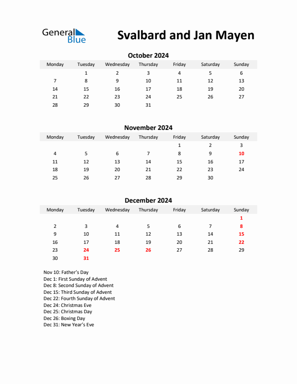 Printable Quarterly Calendar with Notes and Svalbard and Jan Mayen Holidays- Q4 of 2024