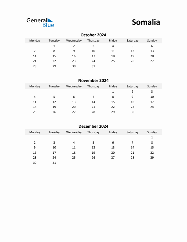 Printable Quarterly Calendar with Notes and Somalia Holidays- Q4 of 2024