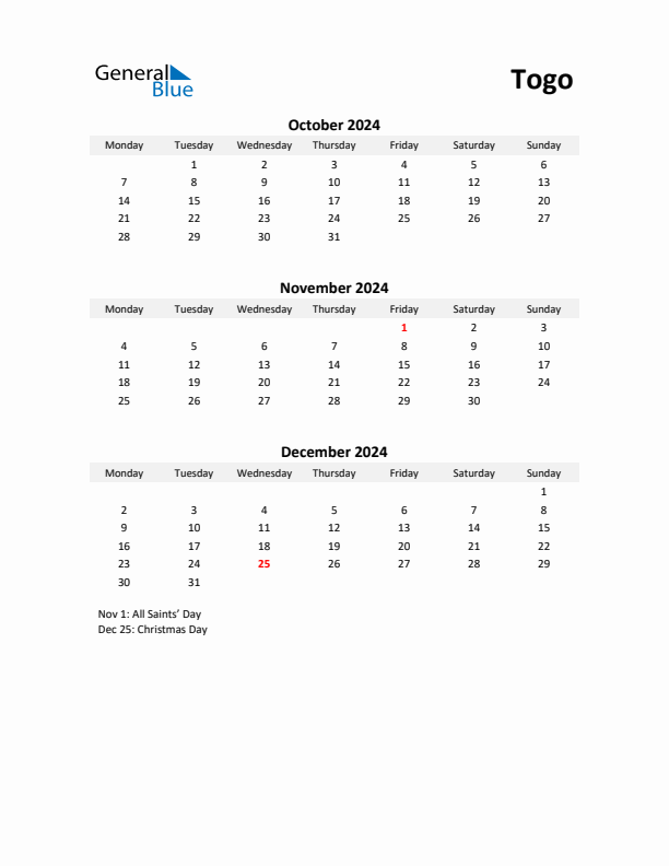 Printable Quarterly Calendar with Notes and Togo Holidays- Q4 of 2024