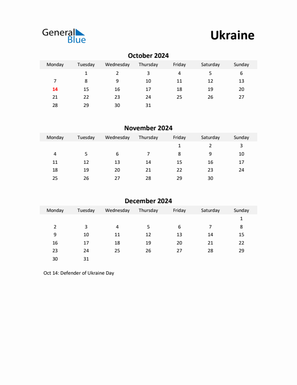 Printable Quarterly Calendar with Notes and Ukraine Holidays- Q4 of 2024