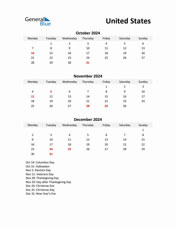 Printable Quarterly Calendar with Notes and United States Holidays- Q4 of 2024