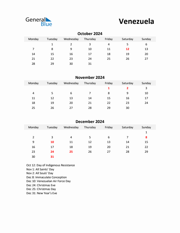 Printable Quarterly Calendar with Notes and Venezuela Holidays- Q4 of 2024