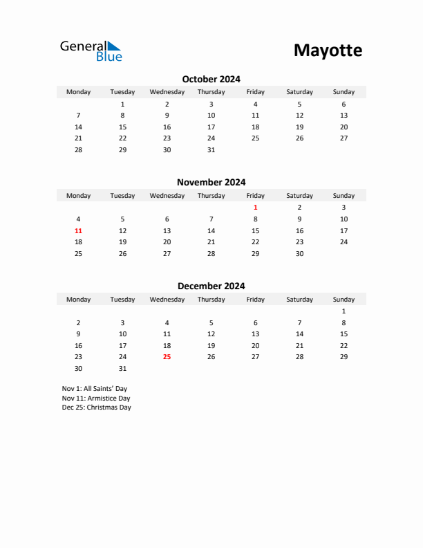 Printable Quarterly Calendar with Notes and Mayotte Holidays- Q4 of 2024