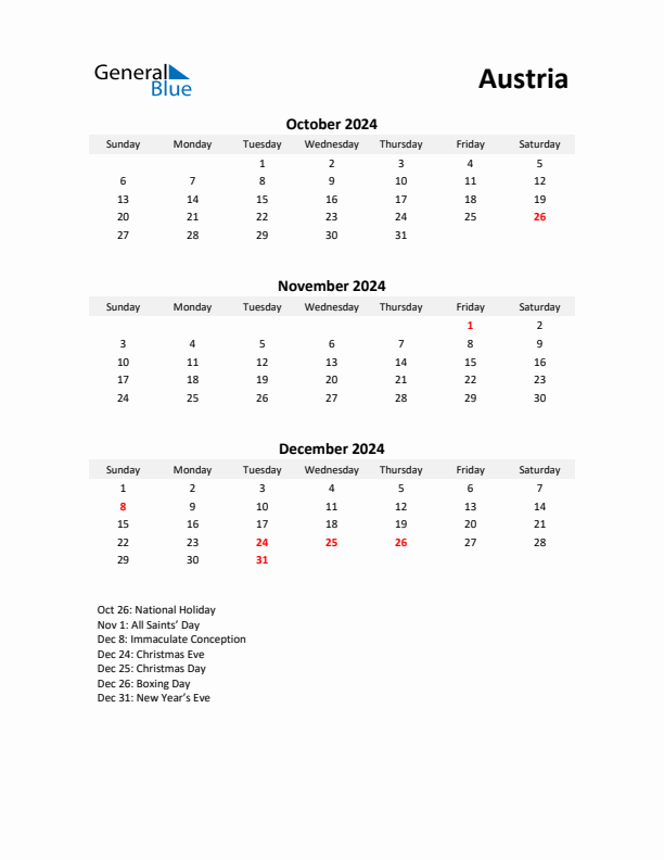 Printable Quarterly Calendar with Notes and Austria Holidays- Q4 of 2024