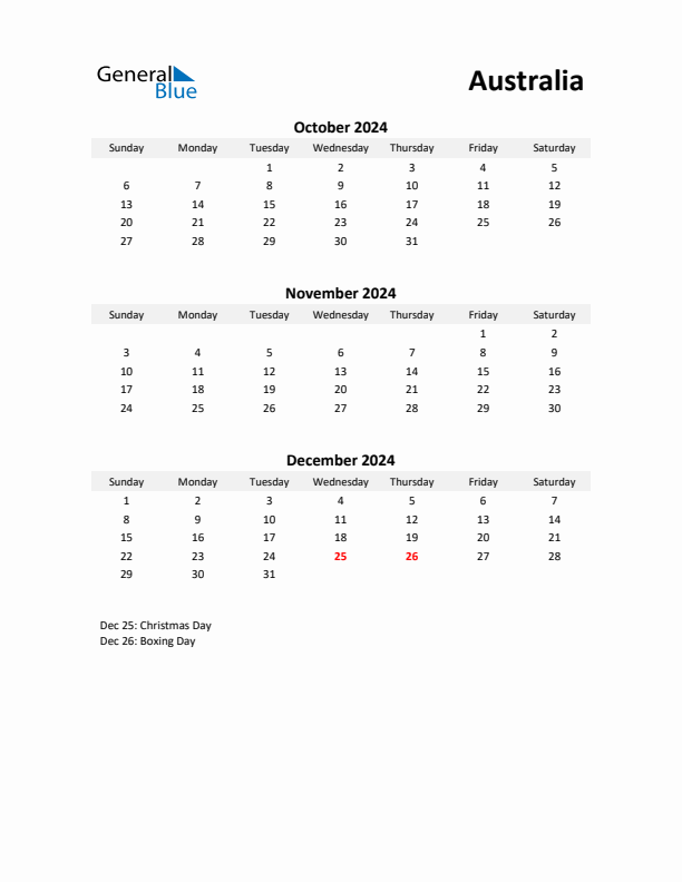 Printable Quarterly Calendar with Notes and Australia Holidays- Q4 of 2024