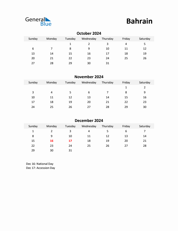 Printable Quarterly Calendar with Notes and Bahrain Holidays- Q4 of 2024