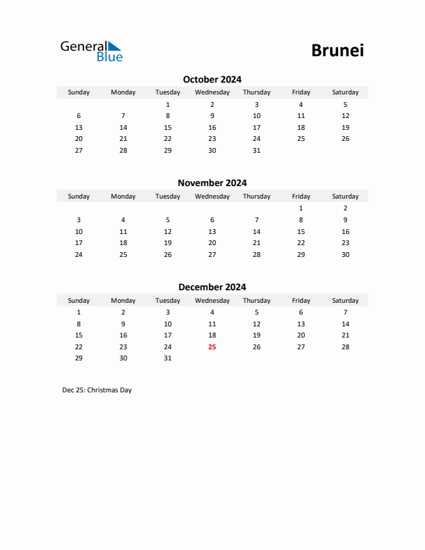 Printable Quarterly Calendar with Notes and Brunei Holidays- Q4 of 2024