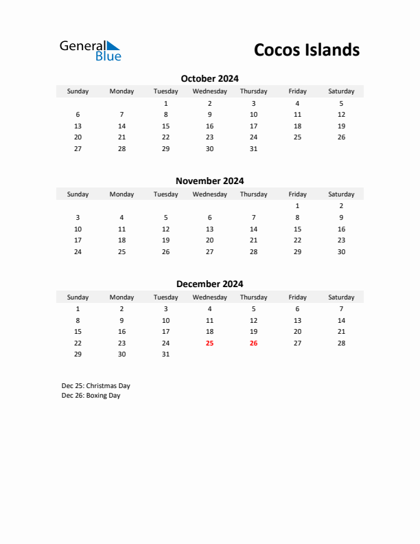 Printable Quarterly Calendar with Notes and Cocos Islands Holidays- Q4 of 2024