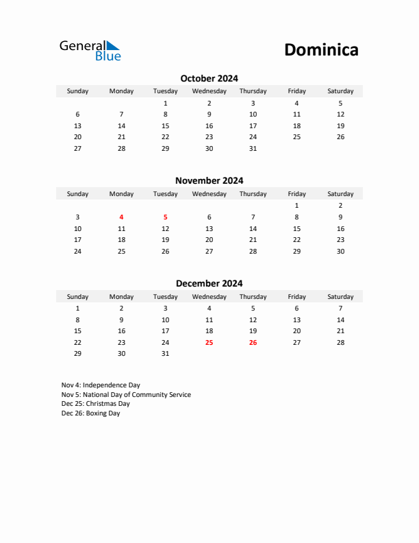 Printable Quarterly Calendar with Notes and Dominica Holidays- Q4 of 2024