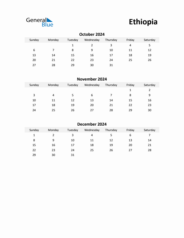 Printable Quarterly Calendar with Notes and Ethiopia Holidays- Q4 of 2024