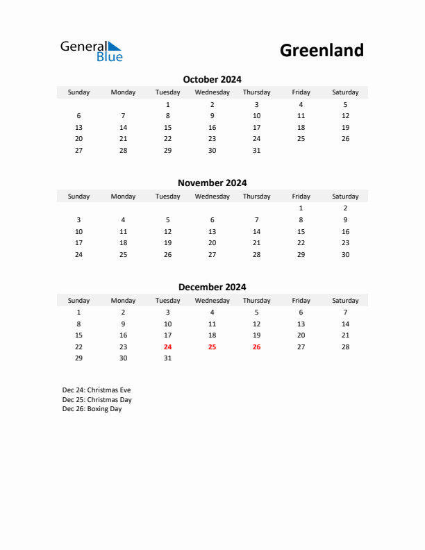 Printable Quarterly Calendar with Notes and Greenland Holidays- Q4 of 2024