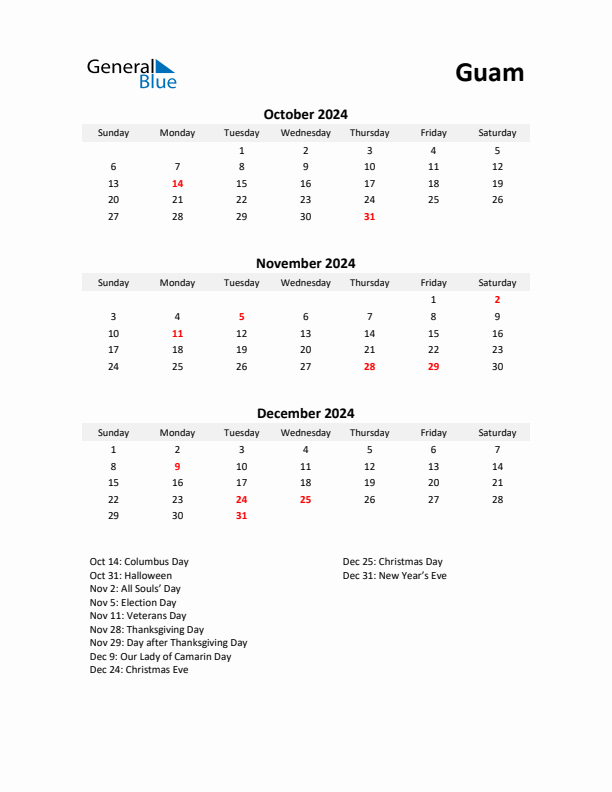 Printable Quarterly Calendar with Notes and Guam Holidays- Q4 of 2024