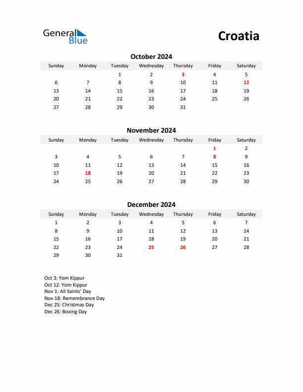 Printable Quarterly Calendar with Notes and Croatia Holidays- Q4 of 2024