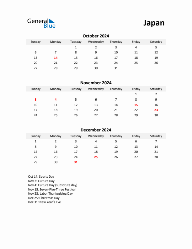 Printable Quarterly Calendar with Notes and Japan Holidays- Q4 of 2024