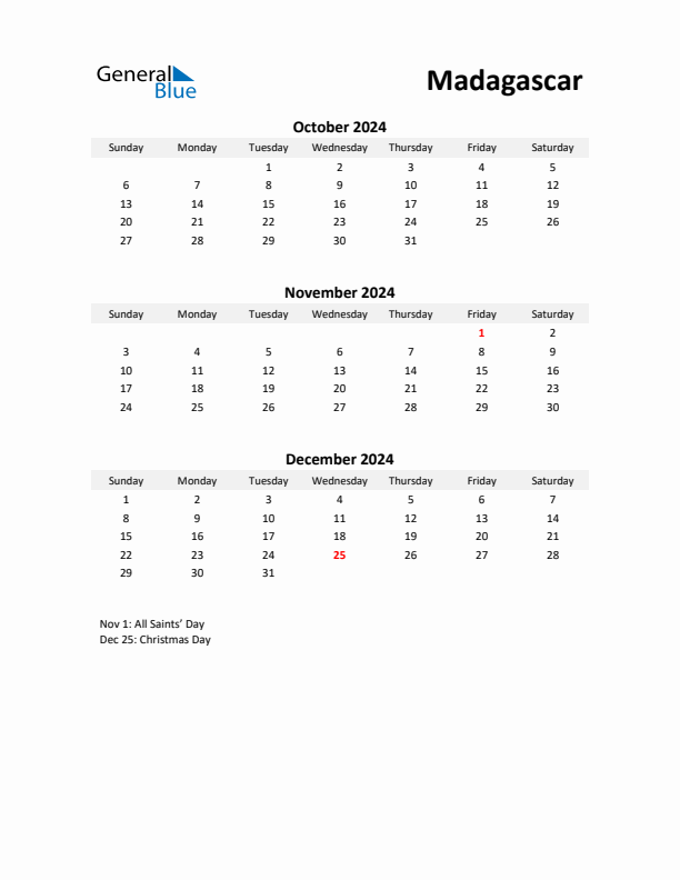 Printable Quarterly Calendar with Notes and Madagascar Holidays- Q4 of 2024