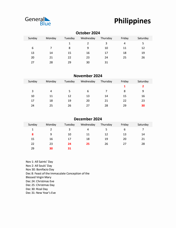 Printable Quarterly Calendar with Notes and Philippines Holidays- Q4 of 2024