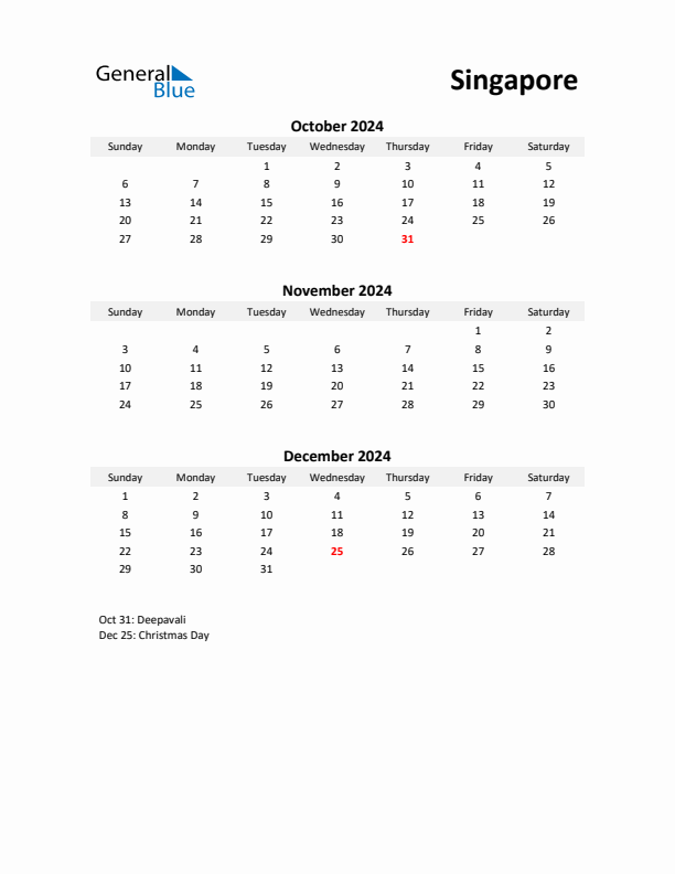 Printable Quarterly Calendar with Notes and Singapore Holidays- Q4 of 2024