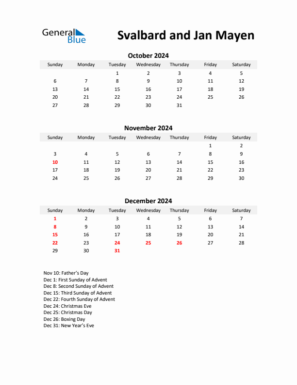 Printable Quarterly Calendar with Notes and Svalbard and Jan Mayen Holidays- Q4 of 2024