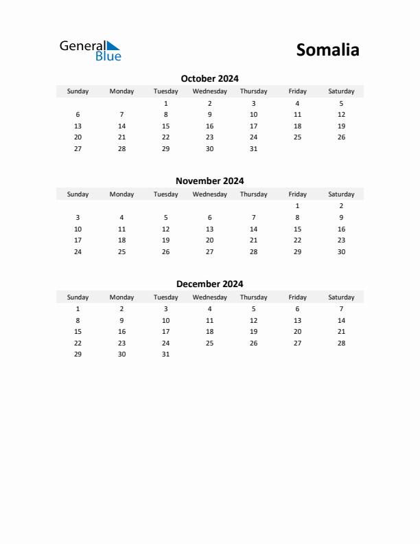 Printable Quarterly Calendar with Notes and Somalia Holidays- Q4 of 2024