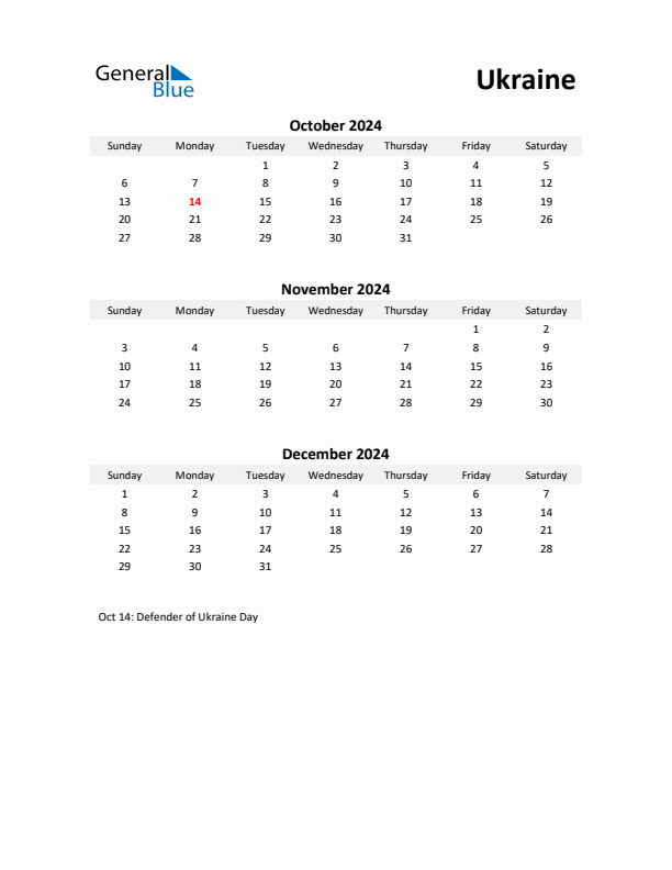 Printable Quarterly Calendar with Notes and Ukraine Holidays- Q4 of 2024