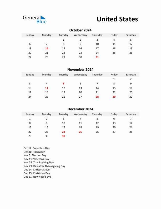 Printable Quarterly Calendar with Notes and United States Holidays- Q4 of 2024