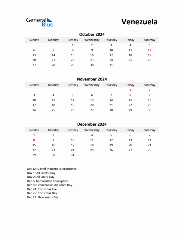 Printable Quarterly Calendar with Notes and Venezuela Holidays- Q4 of 2024