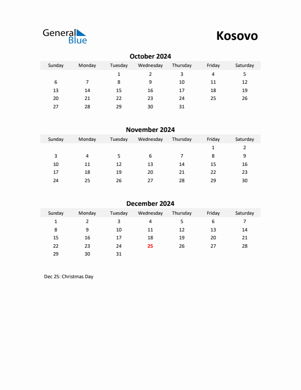 Printable Quarterly Calendar with Notes and Kosovo Holidays- Q4 of 2024