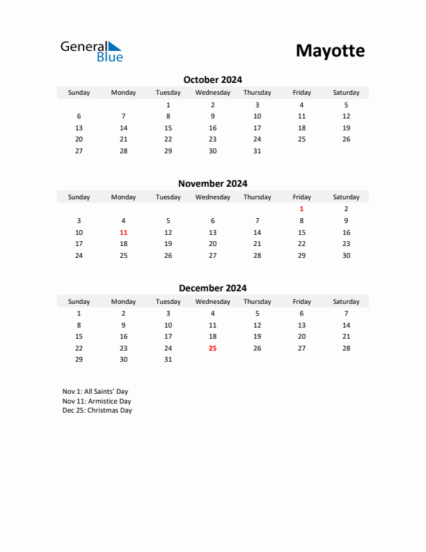 Printable Quarterly Calendar with Notes and Mayotte Holidays- Q4 of 2024