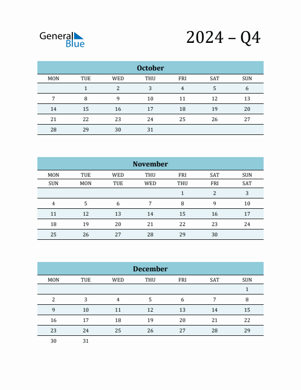 October, November, and December 2024 Calendar